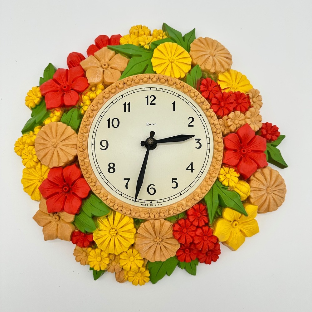Syroco Wall Clock 1071 13in Floral Multi Vintage 1975 Parts Repair